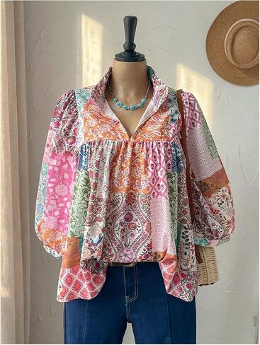 SOLY HUX Women's Plus Size Floral Babydoll Tops Collared V Neck Lantern 3/4 Sleeve Flowy Boho Vacation Blouse in Kuwait