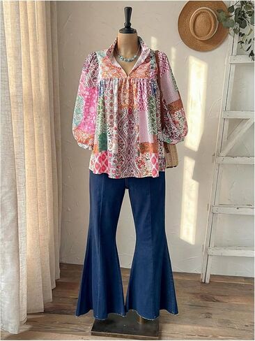 SOLY HUX Women's Plus Size Floral Babydoll Tops Collared V Neck Lantern 3/4 Sleeve Flowy Boho Vacation Blouse in Kuwait
