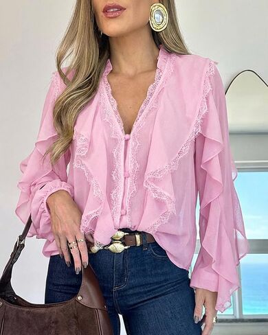 Womens Ruffles Button Front Blouse Eyelash Lace Spliced V Neck Long Sleeve Shirt Party Streetwear in Kuwait