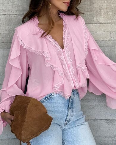 Womens Ruffles Button Front Blouse Eyelash Lace Spliced V Neck Long Sleeve Shirt Party Streetwear in Kuwait