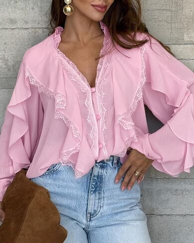 Womens Ruffles Button Front Blouse Eyelash Lace Spliced V Neck Long Sleeve Shirt Party Streetwear in Kuwait