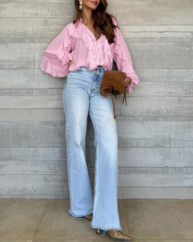 Womens Ruffles Button Front Blouse Eyelash Lace Spliced V Neck Long Sleeve Shirt Party Streetwear in Kuwait