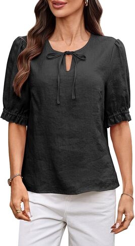 Women's 100% Linen Tops Summer Short Sleeve Tie Front V Neck 2026 Trendy Ruched Blouses Shirt in Saudi Arabia