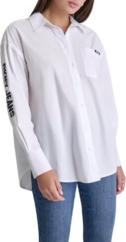 DKNY Women's Long Sleeve Poplin Button Down with Logo on Arm in Kuwait