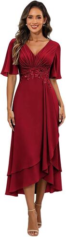 Tea Length Mother of The Bride Dresses for Women with Sleeves Chiffon A Line Lace Formal Wedding Guest Dress in Kuwait