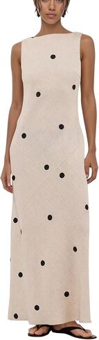 calbatic Women’s Polka Dot Cotton Linen Summer Vacation Maxi Dress Sleeveless Boat Neck Open Back Long Midi Dress in Kuwait