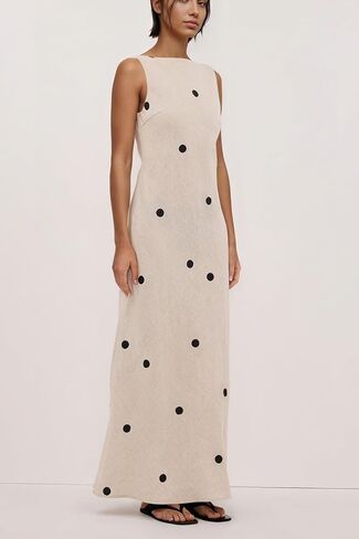 calbatic Women’s Polka Dot Cotton Linen Summer Vacation Maxi Dress Sleeveless Boat Neck Open Back Long Midi Dress in Kuwait