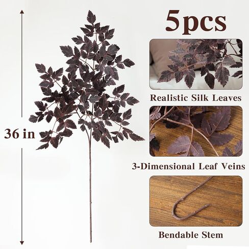 mizii 5 Pcs Artificial Cimicifuga Stems 36 in Burgundy Leaf Spray Plants Faux Greenery Branches Silk Leaves Fall Decoration for Centerpieces Vase Table Mantel Thanksgiving Halloween Decor in Saudi Arabia