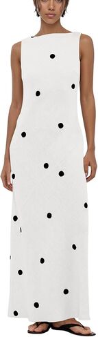 calbatic Women’s Polka Dot Cotton Linen Summer Vacation Maxi Dress Sleeveless Boat Neck Open Back Long Midi Dress in Saudi Arabia