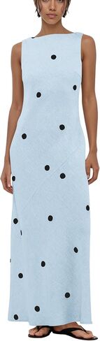calbatic Women’s Polka Dot Cotton Linen Summer Vacation Maxi Dress Sleeveless Boat Neck Open Back Long Midi Dress in Kuwait