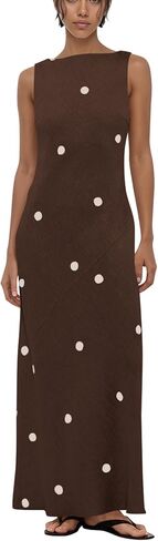 calbatic Women’s Polka Dot Cotton Linen Summer Vacation Maxi Dress Sleeveless Boat Neck Open Back Long Midi Dress in Kuwait