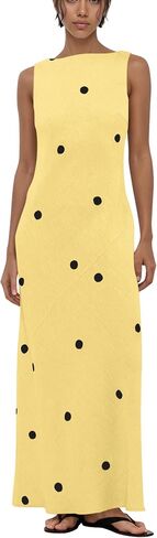 calbatic Women’s Polka Dot Cotton Linen Summer Vacation Maxi Dress Sleeveless Boat Neck Open Back Long Midi Dress in Kuwait