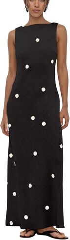calbatic Women’s Polka Dot Cotton Linen Summer Vacation Maxi Dress Sleeveless Boat Neck Open Back Long Midi Dress in Kuwait