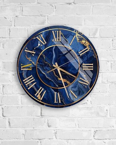 Tempered Glass Marble Wall Clock - Blue Gold Veins, Navy Swirls Modern Decor Silent Mechanism Unique Home Gift Luxury Handcrafted Timepiece in Saudi Arabia