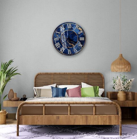 Tempered Glass Marble Wall Clock - Blue Gold Veins, Navy Swirls Modern Decor Silent Mechanism Unique Home Gift Luxury Handcrafted Timepiece in Saudi Arabia