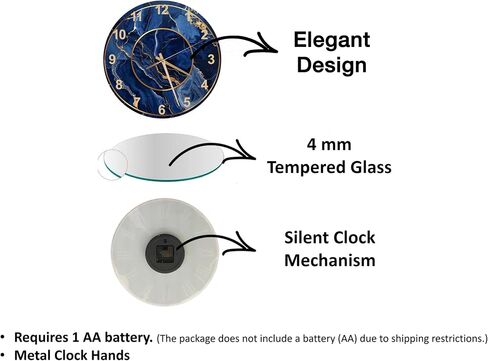 Tempered Glass Marble Wall Clock - Blue Gold Veins, Navy Swirls Modern Decor Silent Mechanism Unique Home Gift Luxury Handcrafted Timepiece in Saudi Arabia