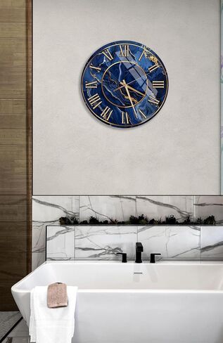 Tempered Glass Marble Wall Clock - Blue Gold Veins, Navy Swirls Modern Decor Silent Mechanism Unique Home Gift Luxury Handcrafted Timepiece in Saudi Arabia