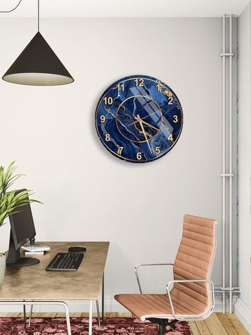 Tempered Glass Marble Wall Clock - Blue Gold Veins, Navy Swirls Modern Decor Silent Mechanism Unique Home Gift Luxury Handcrafted Timepiece in Saudi Arabia