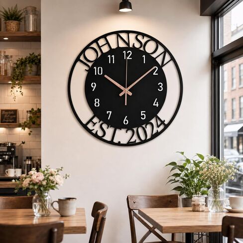 Custom Large Metal Wall Clock, Personalized Last Name and Established Year, Silent Non-Ticking Steel Clock, Family Decor for Living Room, Wedding, Anniversary or Housewarming Gift in Saudi Arabia