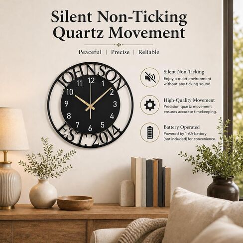 Custom Large Metal Wall Clock, Personalized Last Name and Established Year, Silent Non-Ticking Steel Clock, Family Decor for Living Room, Wedding, Anniversary or Housewarming Gift in Saudi Arabia