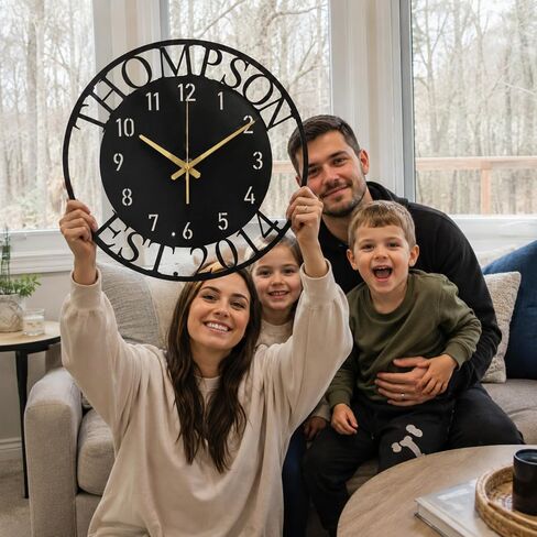 Custom Large Metal Wall Clock, Personalized Last Name and Established Year, Silent Non-Ticking Steel Clock, Family Decor for Living Room, Wedding, Anniversary or Housewarming Gift in Saudi Arabia