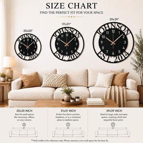 Custom Large Metal Wall Clock, Personalized Last Name and Established Year, Silent Non-Ticking Steel Clock, Family Decor for Living Room, Wedding, Anniversary or Housewarming Gift in Saudi Arabia