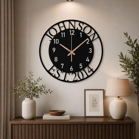 Custom Large Metal Wall Clock, Personalized Last Name and Established Year, Silent Non-Ticking Steel Clock, Family Decor for Living Room, Wedding, Anniversary or Housewarming Gift in Saudi Arabia