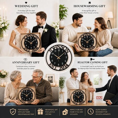 Custom Large Metal Wall Clock, Personalized Last Name and Established Year, Silent Non-Ticking Steel Clock, Family Decor for Living Room, Wedding, Anniversary or Housewarming Gift in Saudi Arabia