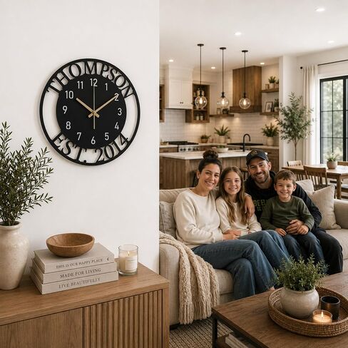 Custom Large Metal Wall Clock, Personalized Last Name and Established Year, Silent Non-Ticking Steel Clock, Family Decor for Living Room, Wedding, Anniversary or Housewarming Gift in Saudi Arabia
