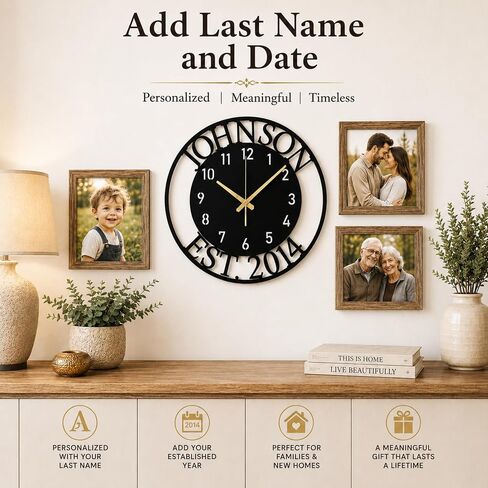 Custom Large Metal Wall Clock, Personalized Last Name and Established Year, Silent Non-Ticking Steel Clock, Family Decor for Living Room, Wedding, Anniversary or Housewarming Gift in Saudi Arabia