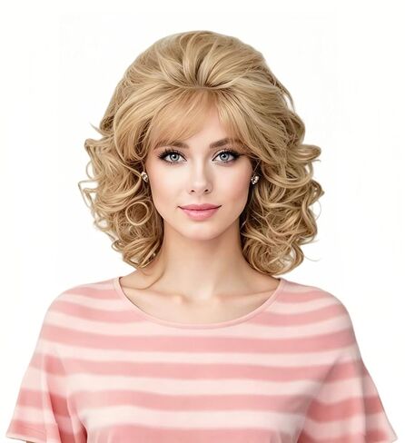 Rugelyss Vintage Short Light Blonde Beehive Wig with Bangs Curly Wavy Heat Resistant Synthetic Hair Wigs for Women fits 70s 80s Costume or Halloween and Party in Kuwait
