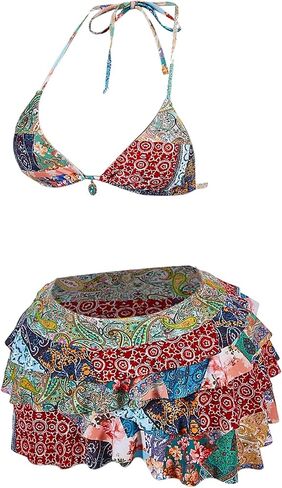 SOLY HUX Women's 3 Piece Swimsuit Boho Floral Halter Triangle String Bikini Set Bathing Suit with Ruffle Cover Up Skirt in Kuwait