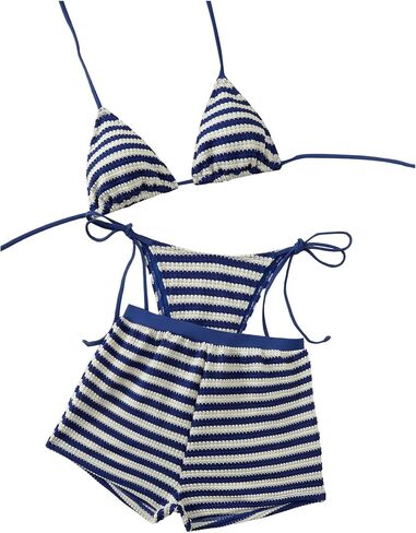 RoseSeek Women's 3 Piece Striped Bikini Sets Jacquard Knit Halter String Swimsuits with Cover Up Shorts Vacation Wear in Saudi Arabia