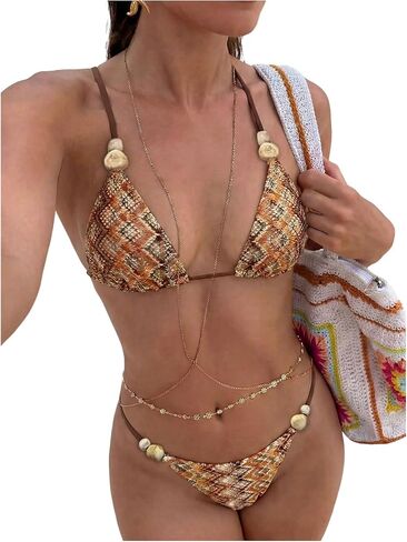GORGLITTER Women's Crochet Bikini Set String Thong Braided Bead Tie Back Triangle Swimsuit Boho Beach Vacation Outfits in Kuwait
