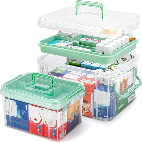15QT Clear Medicine Organizer Storage Box with Handle & Tray - Thickened Plastic Empty First Aid Box, Multipurpose Medical Container with Lids/Labels, Medication Caddy for Home, Baby, Elderly, Dorm in Saudi Arabia
