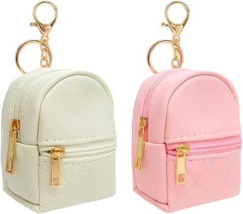 2Packs Mini Backpack Keychain Set Cute PU Leather Coin Purse with Zipper Small Key Holder for Lipsticks, Coins, Small Makeup Bottles Women Girls, Beige & Pink in Kuwait