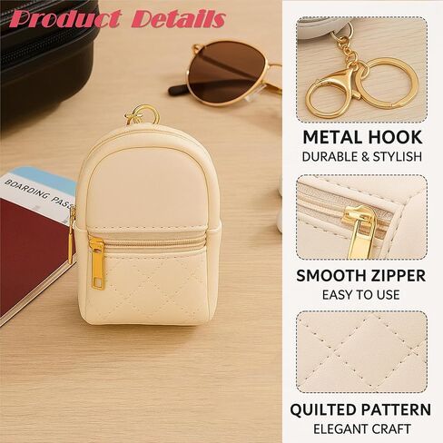 2Packs Mini Backpack Keychain Set Cute PU Leather Coin Purse with Zipper Small Key Holder for Lipsticks, Coins, Small Makeup Bottles Women Girls, Beige & Pink in Kuwait