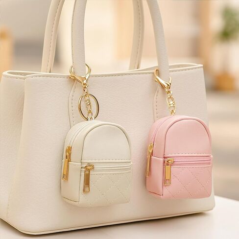 2Packs Mini Backpack Keychain Set Cute PU Leather Coin Purse with Zipper Small Key Holder for Lipsticks, Coins, Small Makeup Bottles Women Girls, Beige & Pink in Kuwait