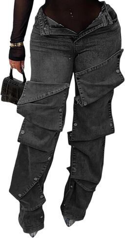 Famnbro Womens Baggy Cargo Jeans Y2K High Waisted Straight Wide Leg Detachable Denim Jeans in Saudi Arabia