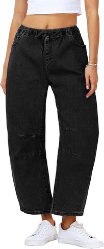Women's Barrel Jeans Drawstring Cropped Jean Denim Pants with Pockets in Saudi Arabia