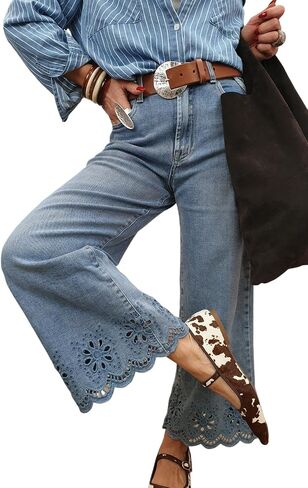 SELINK Casual High Waisted Jeans for Women Embroidered Cropped Wide Leg Jeans in Saudi Arabia