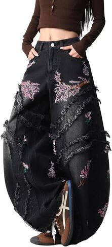 Womens Floral Embroidery Baggy Barrel Jeans Frayed Seam Distressed Denim Pants Wide Leg Mid Rise Trouser in Saudi Arabia