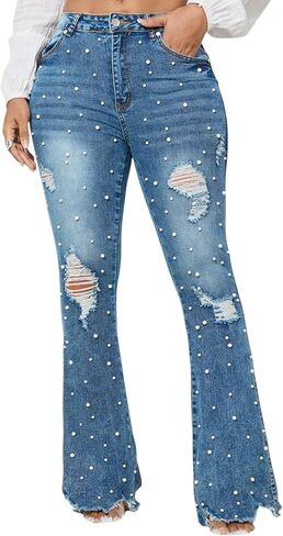 Flare Jeans for Women Trendy Rhinestone Glitter Jeans Sparkly Pearl Denim Pants Tummy Control Casual in Saudi Arabia