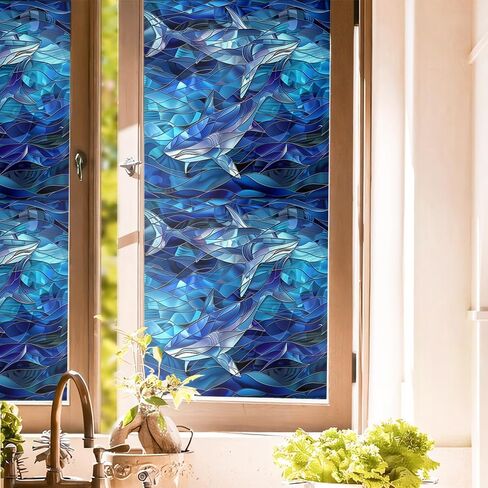 Under The Sea Shark Blue Sea Wave Geometric Stained Glass Window Films Decorative Double-Side Privacy Film Self-Adhesive Static Clings for Living Room Bathroom Glass Windows Decor in Saudi Arabia