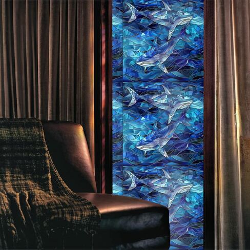 Under The Sea Shark Blue Sea Wave Geometric Stained Glass Window Films Decorative Double-Side Privacy Film Self-Adhesive Static Clings for Living Room Bathroom Glass Windows Decor in Saudi Arabia