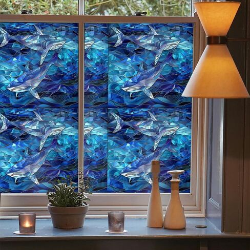 Under The Sea Shark Blue Sea Wave Geometric Stained Glass Window Films Decorative Double-Side Privacy Film Self-Adhesive Static Clings for Living Room Bathroom Glass Windows Decor in Saudi Arabia