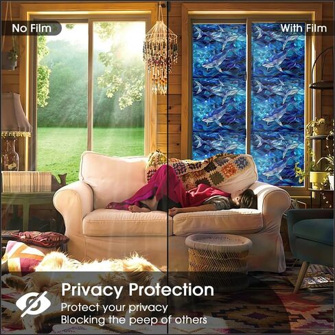 Under The Sea Shark Blue Sea Wave Geometric Stained Glass Window Films Decorative Double-Side Privacy Film Self-Adhesive Static Clings for Living Room Bathroom Glass Windows Decor in Saudi Arabia
