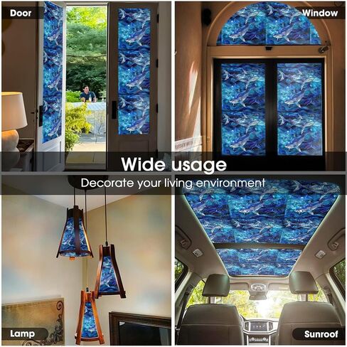 Under The Sea Shark Blue Sea Wave Geometric Stained Glass Window Films Decorative Double-Side Privacy Film Self-Adhesive Static Clings for Living Room Bathroom Glass Windows Decor in Saudi Arabia