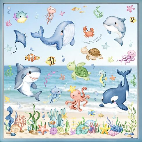 Tanlaby Summer Ocean Window Stickers Wall Stickers Marine Animal Under The Sea Fish Window Clings Double Sided Whale Turtle Decals for Home Glass Bathroom Doors in Saudi Arabia