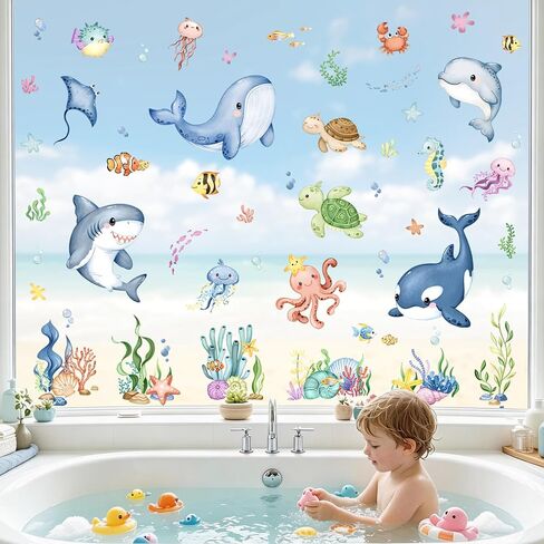 Tanlaby Summer Ocean Window Stickers Wall Stickers Marine Animal Under The Sea Fish Window Clings Double Sided Whale Turtle Decals for Home Glass Bathroom Doors in Saudi Arabia